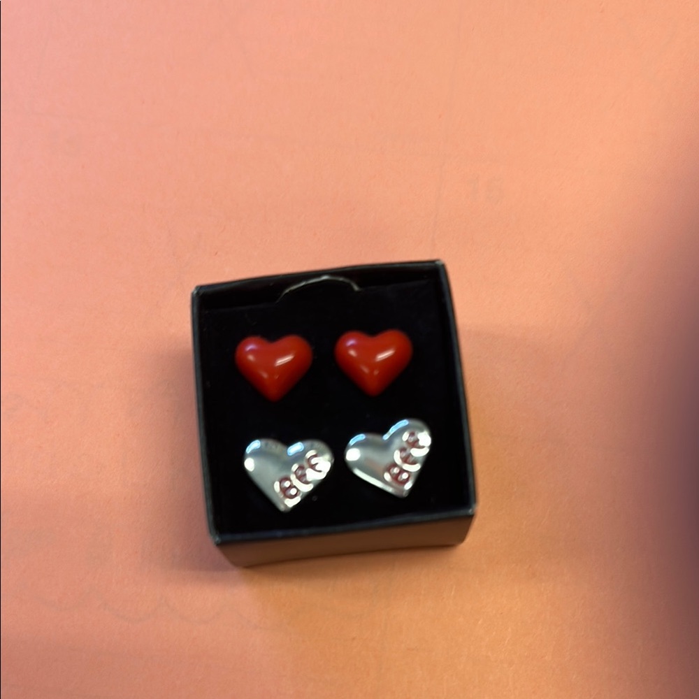 Heart-Shaped Red and Silver Earrings